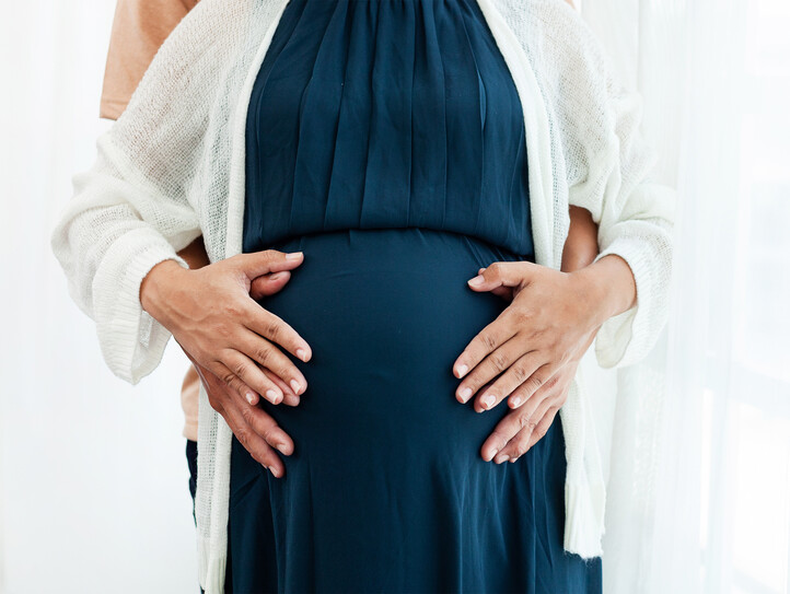 Pregnant woman and his lover with heart-shaped hands, happy family concept.